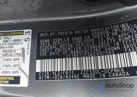 2008 Toyota Corolla Le from USA, damaged, VIN 2T1BR32E58C892563